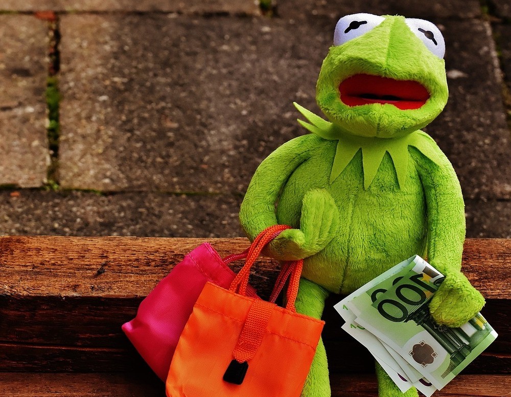 Bild von Kermit dem Frosch, der in einer Hand Geldscheine hält und in der anderen Hand Taschen