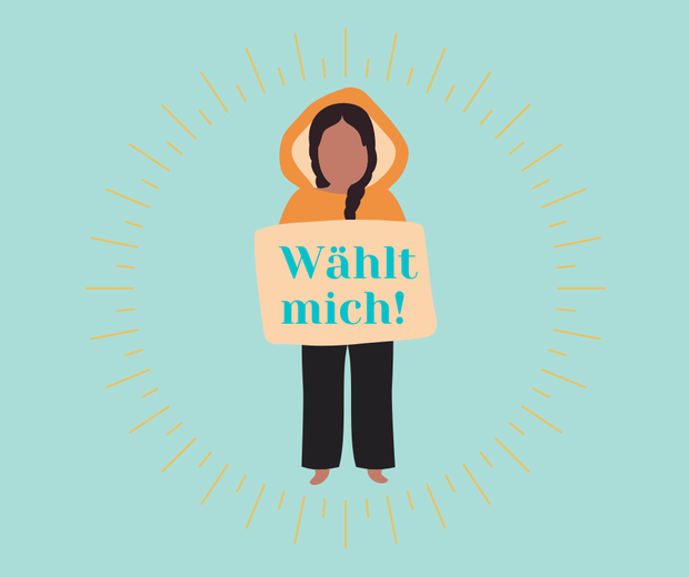 Grafik eines Menschen, der ein Schild mit der Aufschrift "Wählt mich!" in den Händen hält Grafik eines Menschen, der ein Schild mit der Aufschrift "Wählt mich!" in den Händen hält