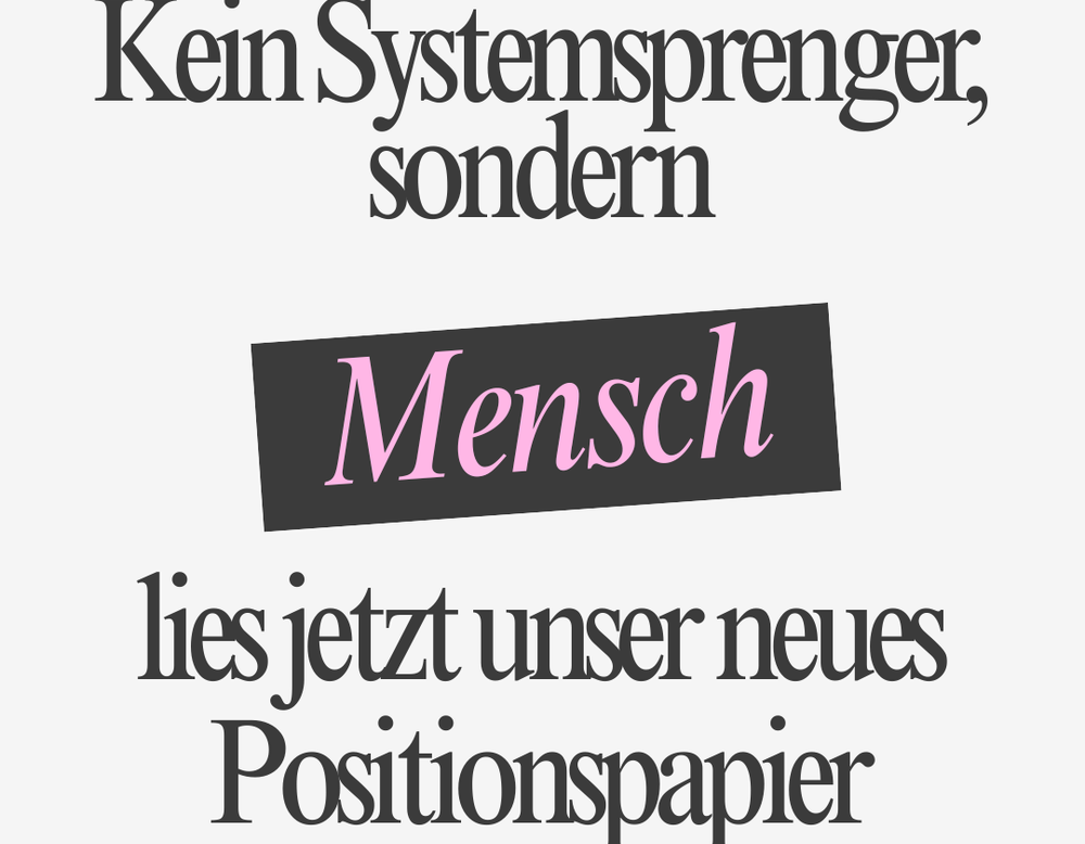 Text "Kein Systemsprenger, sondern Mensch. Lies jetzt unser neues Positionspapier"