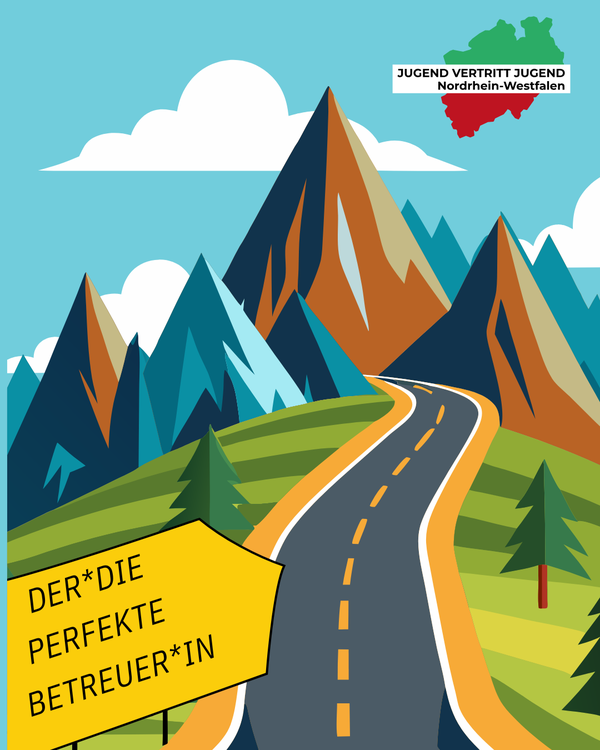 Eine Straße führt auf Berge zu. Vorne steht ein Wegweiser mit der Aufschrift "Der:Die perfekte Betreuer:in". Das Bild ist im Comic-Stil