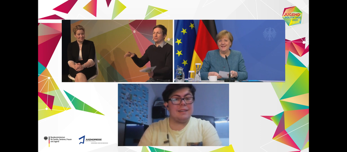 Screenshot von Lukas im Gespräch mit Bundeskanzlerin Merkel und Familienministerin Giffey